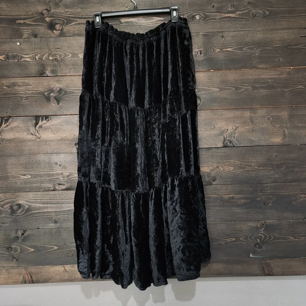 Black Tiered Velvet Maxi Skirt Whimsigoth Fairy Grunge Large XL One Size Rayon